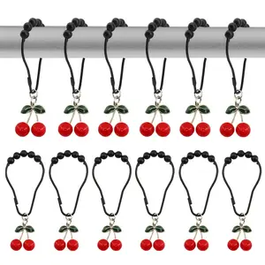 [Red Cherry Shower Curtain Accessories] 12-Pack Stainless Steel Red Hooks, Easy Install Bathroom Accessories, Home Decor, Cute Design 12Pcs