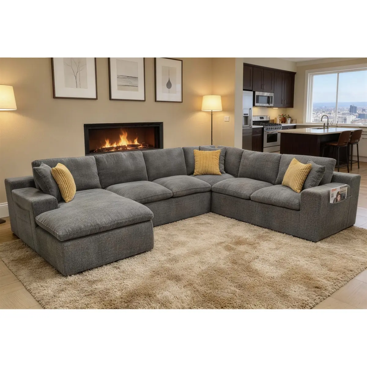 Aobtkel Coffee-Bean Upholstered Full Compressed Sectional Sofa - Sofa Sectional Couch, Comfy Couch, Multiple Seats, Unboxing Ready, On-Site Delivery