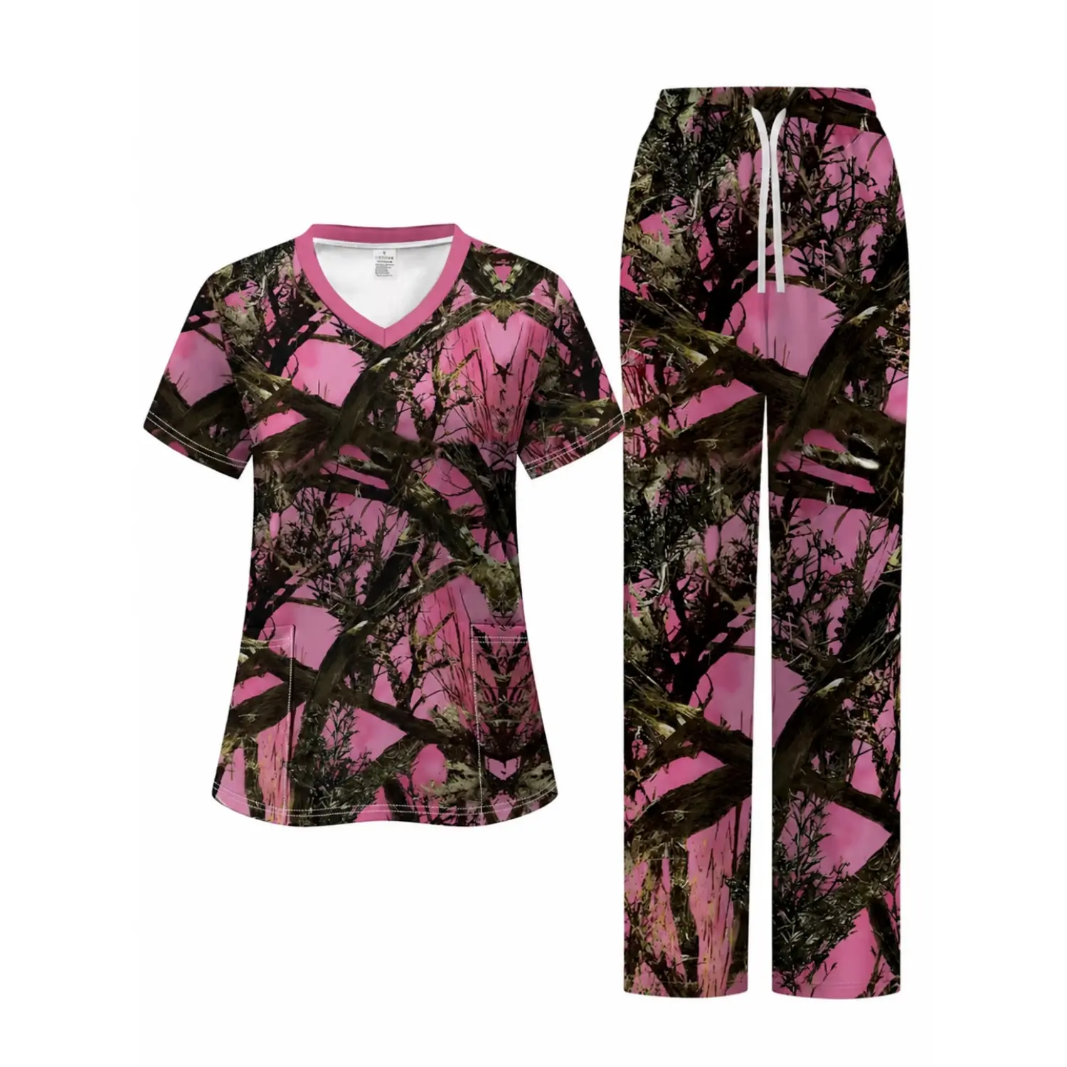 Women's Pink Camouflage V-Neck Short Sleeve Scrub Set with Drawstring Pants - Nurse Workwear