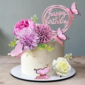 XY-SO31 14 PCS Butterfly Cake Toppers Happy Birthday Cake Decorations with Artificial Purple Flowers Eucalyptus Butterflies for Girls Birthday Party Wedding Baby Shower Supplies (Purple) Shiny