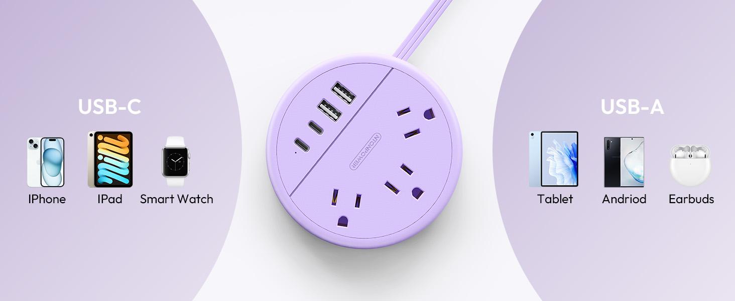 NTONPOWER Travel Power Strip Cruise Approved, 7-in-1 with 3 AC Outlets & 4 USB (2 USB-C), Flat Plug 4FT Wrapped Around Extension Cord, Travel Essentials for Cruise, Hotel & Dorm, Purple Round Strip, Smart USB Charging