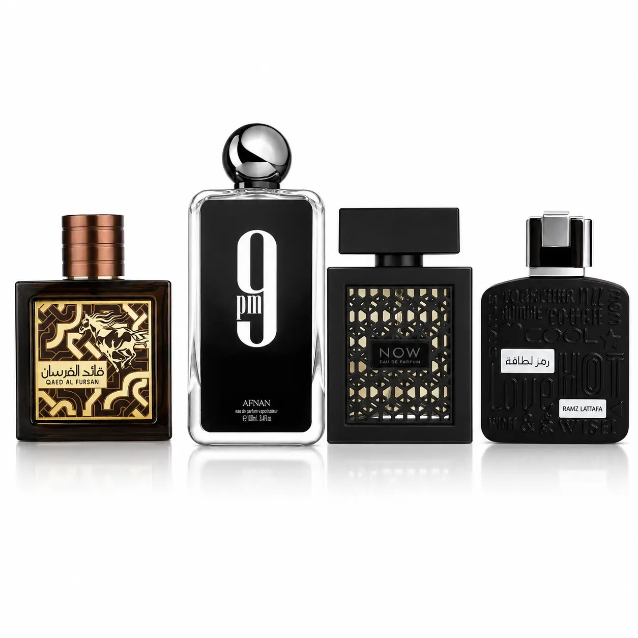 Afnan 9PM +RAVE NOW BLACK (MEN)+ RAMZ LATTAFA SILVER + QAED AL FURSAN UNTAMED - Fragrance Gift Bundle, Men's Fragrance