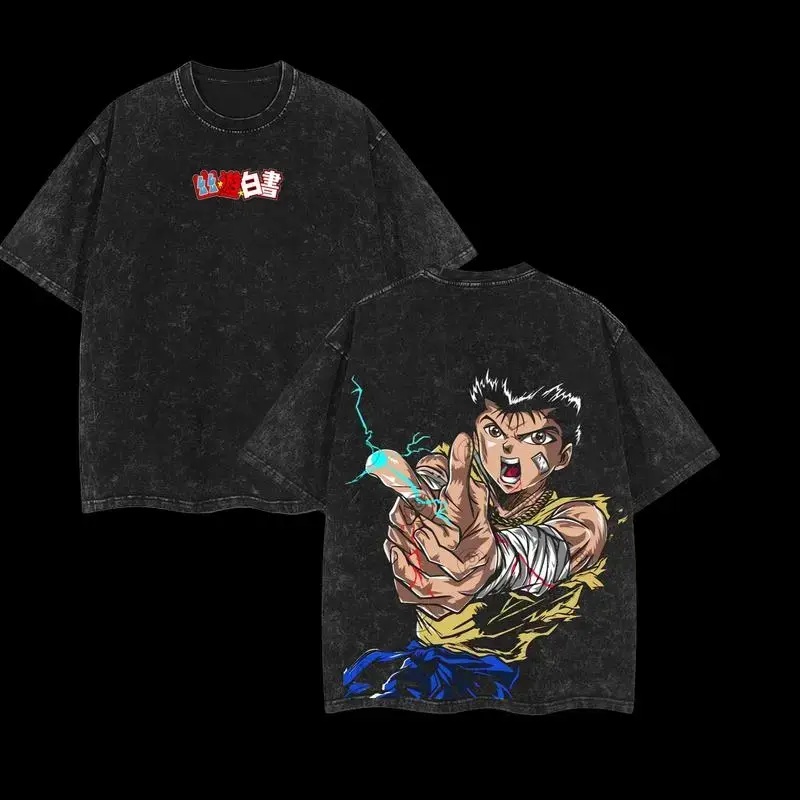 Yusuke Urameshi Yu Yu Hakusho Oversized Vintage Washed Soft Short-Sleeve Cotton T-Shirt - Unisex Heavyweight Double-Printed Anime Manga Menswear Seamless Top Washed Streetwear soft cotton vintage  unisex t-shirt washed tees for Men and Women