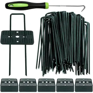 100 count Green Artificial Turf Stakes Anchor + 100 count Buffer Washer, 6 Inch 11 Gauge Landscape Staples, Galvanized Lawn Spikes, Heavy Duty Yard Ground Pin for Grass Weed Barrier Sod Fabric
