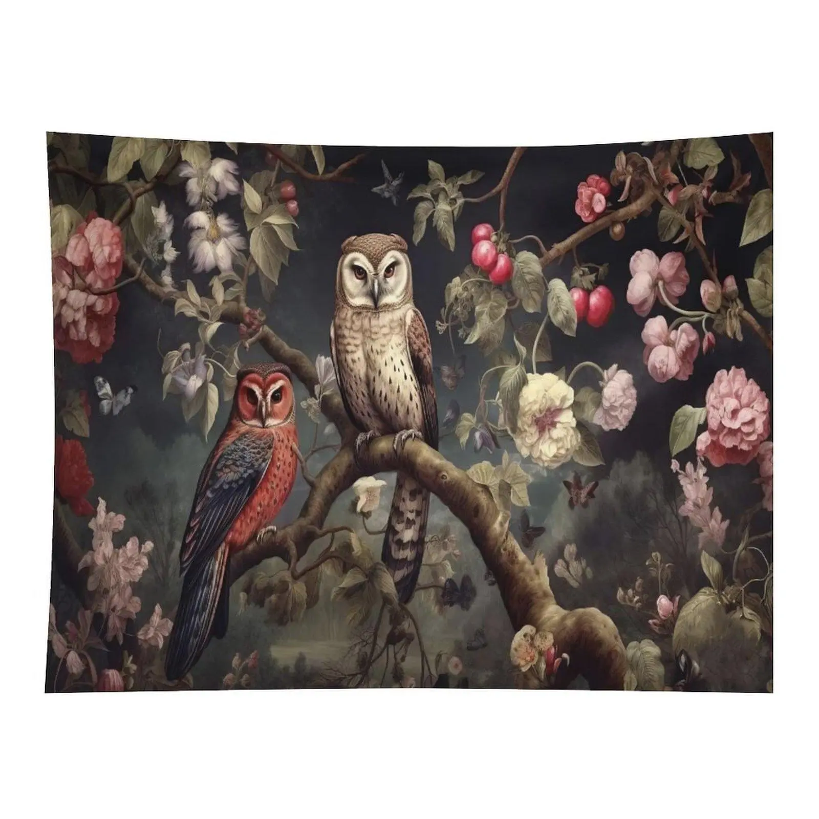Vintage Dark Botanical Wall Tapestry Two Owls on Branch with Blooming Flowers Butterflies Fruit Dark Forest Aesthetic Home Decor Backdrop