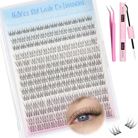 Natural Lash Cluster Extension Kit, 168Pcs 10-12mm Wispy Individual Lashes Set with Bond & Seal, Tweezers & Applicator – Super Lightweight 0.05mm Gentle Beauty & Personal Care Makeup Kit for Beginners