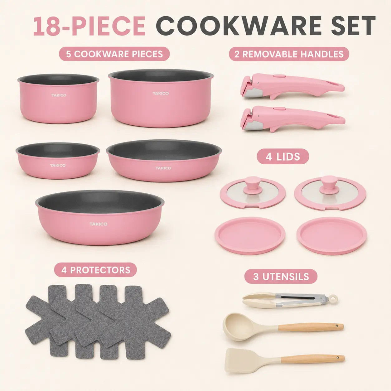 18-Piece Anti-Adhesive Ceramic Granite Aluminum Cookware Set - Nonstick Frying Pans, Detachable Anti-Scald Handle, Oven/Dishwasher/Fridge Safe, Space-Saving Easy Clean Cooking Set (8"-10" Pans, 2-qt-4-qt Saucepans, Silicone Lids, Utensils, Blush Pink), Fr