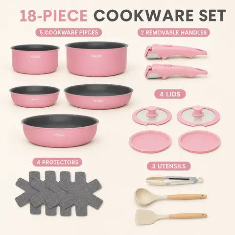 18-Piece Non Stick Cookware Set - Anti-Adhesive Ceramic Granite Aluminum, 8" & 10" Fry Pans, 2-qt to 4-qt Sauce Pan Set, Detachable Anti-Scald Handle, Oven/Dishwasher/Fridge Safe, Space-Saving Easy Clean, Silicone Lids, Utensils, Blush Pink Pots