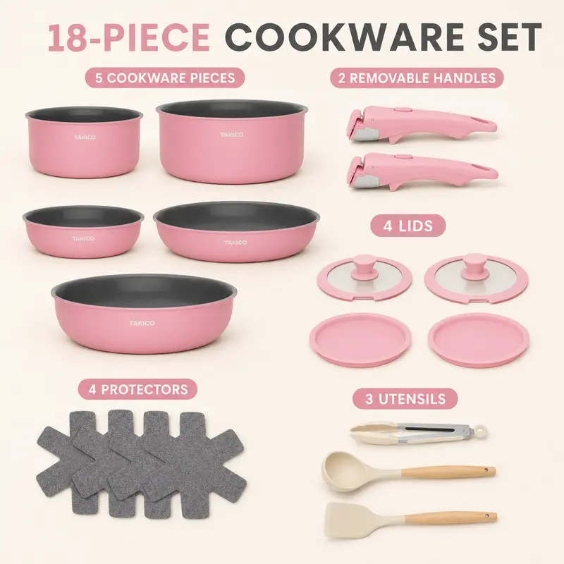 18-Piece Non Stick Cookware Set - Anti-Adhesive Ceramic Granite Aluminum, 8" & 10" Fry Pans, 2-qt to 4-qt Sauce Pan Set, Detachable Anti-Scald Handle, Oven/Dishwasher/Fridge Safe, Space-Saving Easy Clean, Silicone Lids, Utensils, Blush Pink Pots