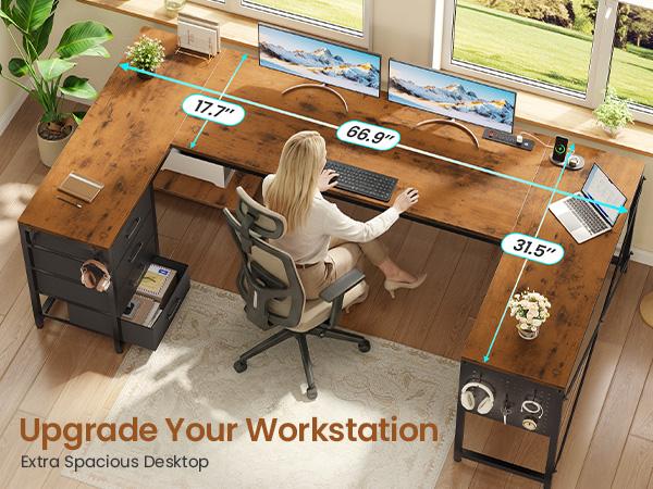 SEDETA 67" U Shaped Desk with 4 Fabric Drawers, Reversible Corner Computer Desk with Power Outlet & CPU Shelf, L Shaped Office Desk with Pegboard for Home Office