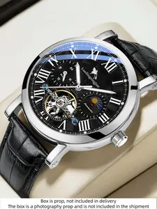 Men's Mechanical Watch, Luminous Waterproof Moon Phase Multifunctional, Analog Round Dial, Alloy Case, Casual Fashion, No Battery Needed