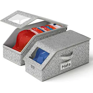 1/2 Stackable Hat Organzier for Baseball Caps, Holds Up to 24 Hats,Dust-Proof Hat Boxes Container with Clear Window Lid, Flip-Top Access, Space-Saving Hat Box for Closet, Breathable Fabric,Onyx Box