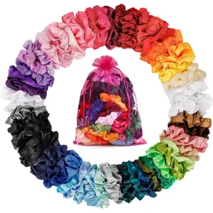 Valentine's Day Gift Satin Scrunchies for Women & Girls - 60 Pack Silk Scrunchies for Curly Hair