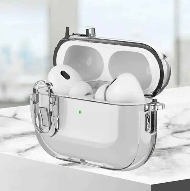 Transparent protective case for electronic devices with detachable ear pads and a Type-C data cable.