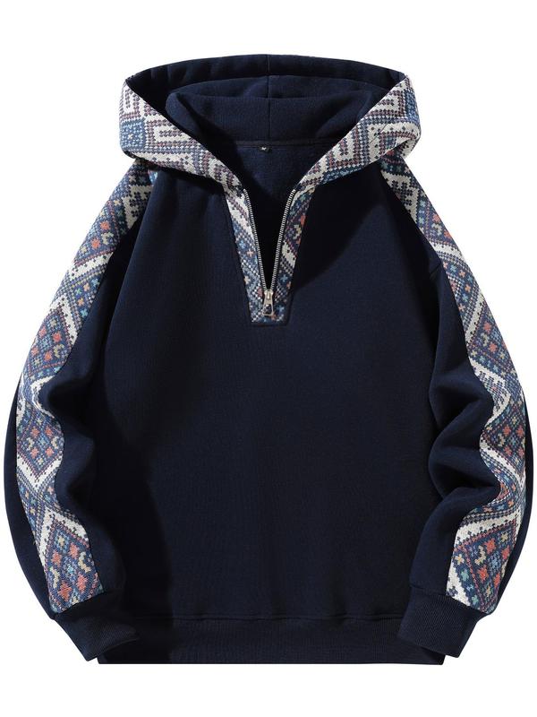 Unisex Retro Ethnic Patchwork Half Zip Hoodie, Casual Comfy Regular Fit Long Sleeve Pullover for Fall & Winter Daily Wear