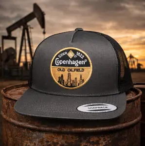 [BEST 2026] Copenhagen Old Oilfield Trucker Hat, Vintage Snapback Cap Since 1822 Patch, Charcoal Gray Mesh Hat, Western Oilfield Style, Adjustable Flat Bill Cap Gift for Him