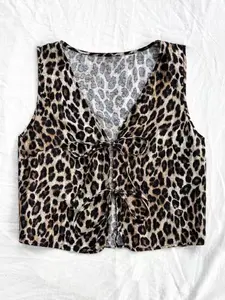 New Style Slim Fit V-Neck Leopard Print Tank Top, Sleeveless Tie Front Sexy Blouse, Women's Fashion Casual Wear Aesthetic