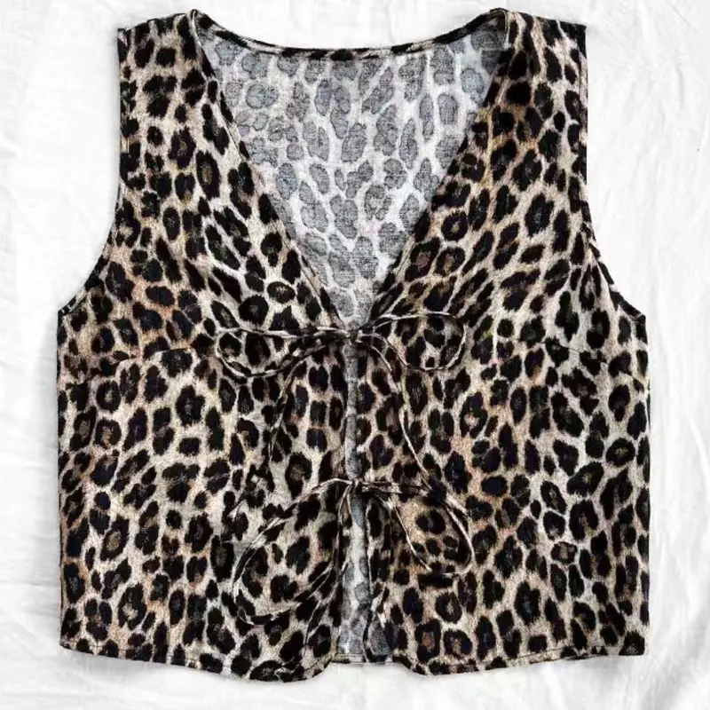 New Style Slim Fit V-Neck Leopard Print Tank Top, Casual Summer Sleeveless Tie Front Adjustable Sexy Blouse, Women's Fashion Casual Wear Aesthetic Womenswear Camis, Casual Flattering Sleeveless Summer Tops Trendy