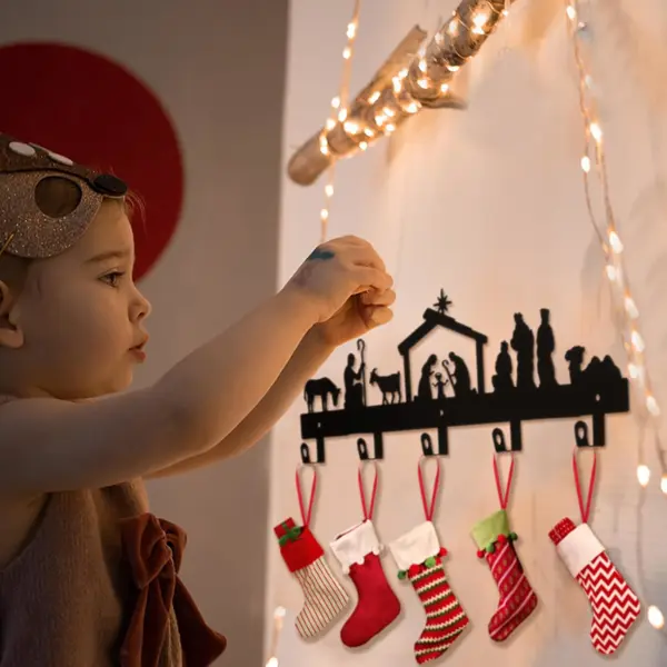 Christmas Nativity Scene Wall Hanging, Black Metal Silhouette Stocking Holder with 5 Hooks, Religious Holiday Wall Decor Gift for Home