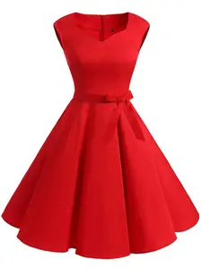 Retro Stage Red 1950s Sweetheart Swing Dress Feminine Floral Knee-Length Vintage Christmas Dress with Back Zipper for Spring Formal Wear Spandex Womenswear