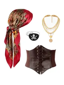 4-Piece Women's Pirate Costume Set, Halloween Party, Christmas Pirate Dress, Role Play Accessories, Headband Belt Necklace Goggles