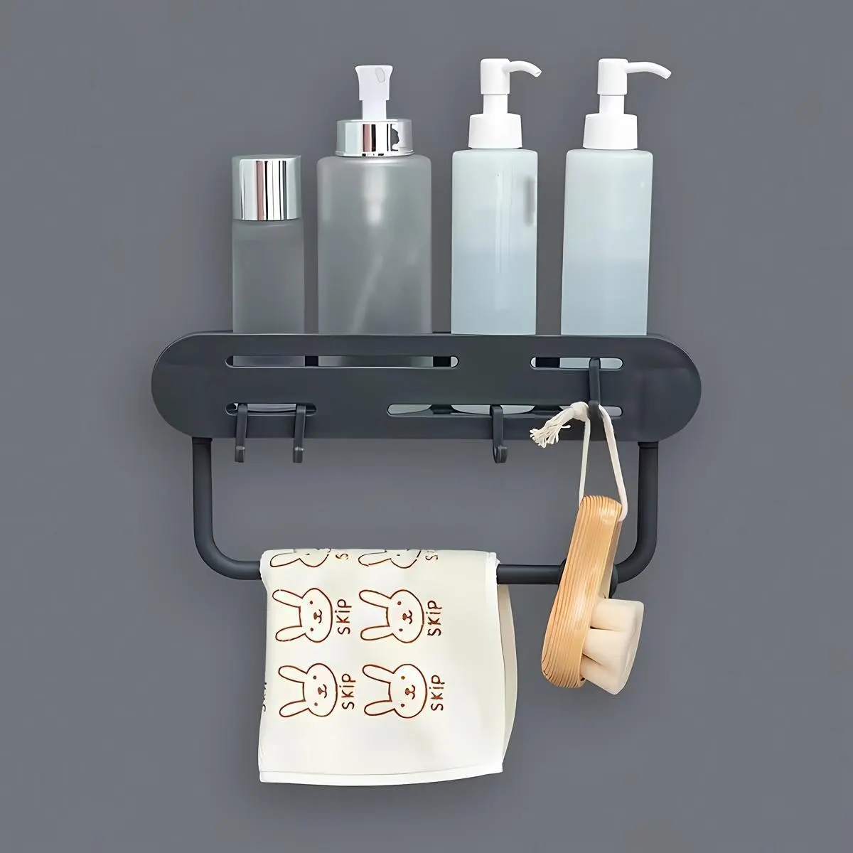 Bathroom Organizer - 2-Tier Wall-Mount Plastic Shower Caddy with Towel Bar, No-Drill Storage Shelves 1 Unit for Shampoo, Body Wash Bottles