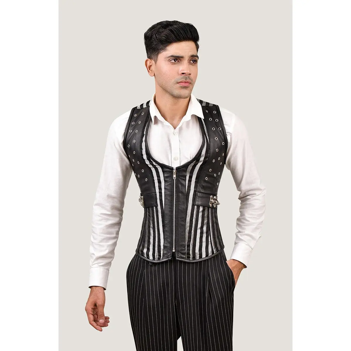 Silver & Black Brocade Corset Vest with Leather