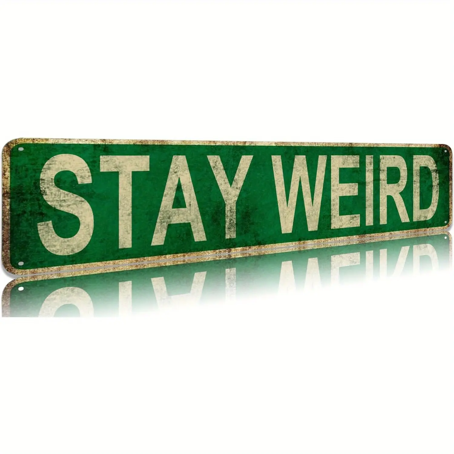 "Stay Weird" Rectangular Industrial Sturdy Metal Tin Sign - 16x4 in Distressed Green, Lightweight Wall Mount Hangable Slim Plaque, Rustic Home/Bar Decor, Funny Garage Gift, Retro Vintage, Coffee Bars