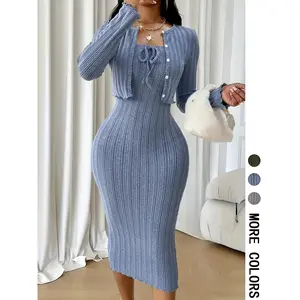 Women's Casual Chic Striped Texture Halter Dress Set with Short Jacket Top, Two-Piece for Spring & Fall Fashion Womenswear, Day Out, Soft Touch, Contemporary, Picnic Ready, Easy Wear, Weekend Wear, Cozy