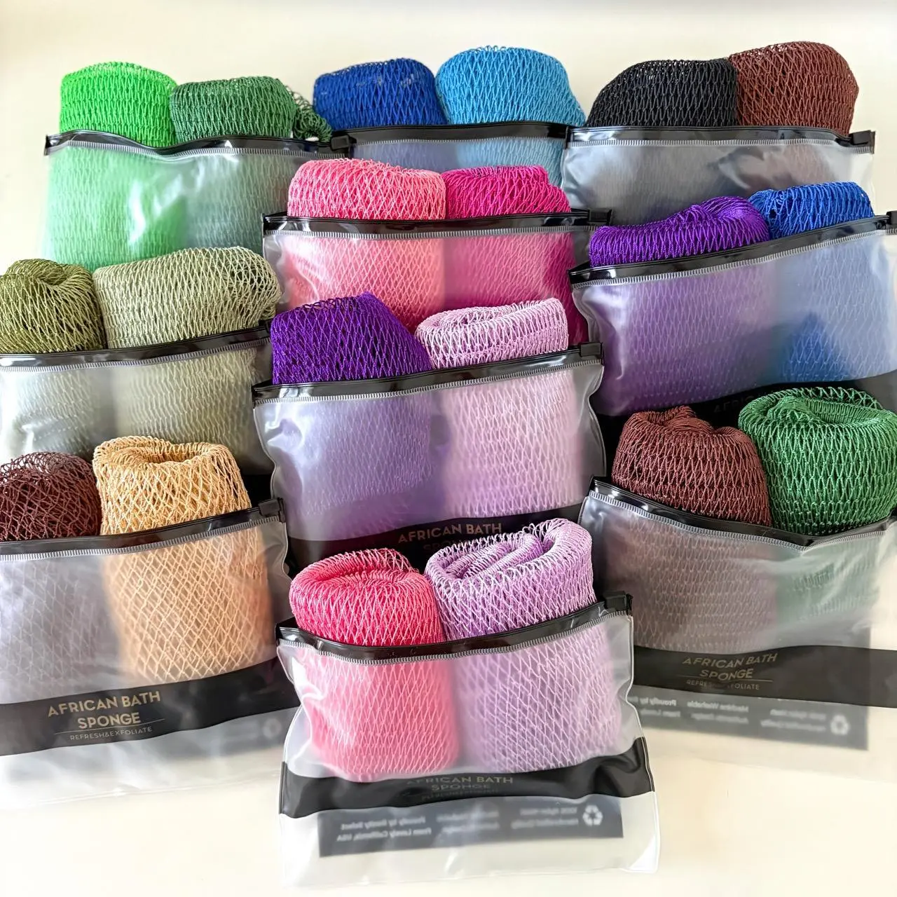 4PCS Authentic African Net Sponges, 2 Sets, Stretchable Exfoliating Bath Sponge, Quick-Dry Nylon Body Scrubber, Rich Lather