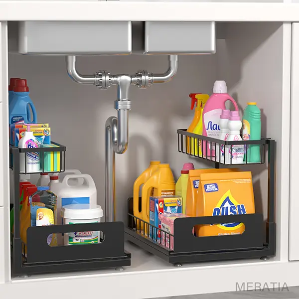 Under Sink Organizer, Pull Out Shelf, 2 Tier, No Drill, Rust-Proof