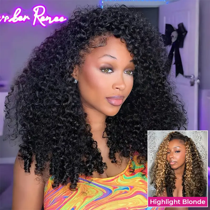 ISEE HAIR Burmese Curly Natural Black & Blonde Highlight Human Hair Half Wig with Drawstraing InvisiFit Strap Glueless Wig for Beginners summer hairstyles back to school #TikTokShopSummerSale
