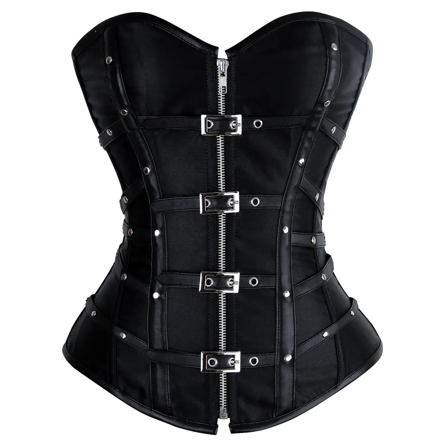 Charmian Women's Steampunk Gothic Corset Top, Boned Satin Overbust Shapewear with Metallic Buckles, Zipper Front, and Drawstring Back for Fantasy Costume