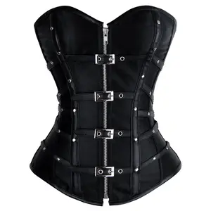 Charmian Women's Gothic Punk Satin Boned Zipper Overbust Corset Top with Buckles