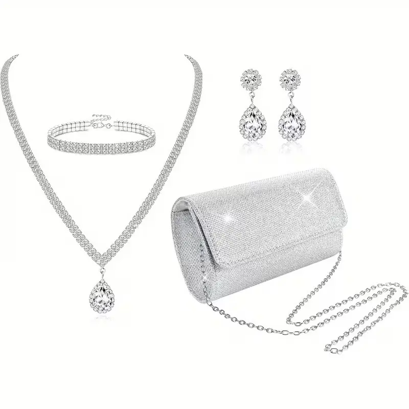 Evening Clutch, Women'S Evening Bag, Luxurious Claw Chain Rhinestone Necklace Bracelet Earring Set, Banquet Handbag Chain Bag 4pcs Set, Water Diamond, 1 Bridal Bracelet