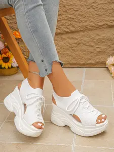 Women's Thick Sole Fish Mouth Sandals, Lace-Up Hollow Out Design, Height-Boosting Casual Sporty Shoes, PU Material, Rubber Sole, Footwear