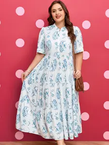 Sky Blue Plus Size Geometric Floral Print Button Split Neck Short Sleeve Maxi Dress.