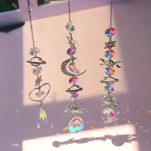 Crystal Moon & Sun Wind Chime with Diamond Prism, Home Garden Decoration Rainbow Catcher Pendant, Water Drop Design, Hanging Decor