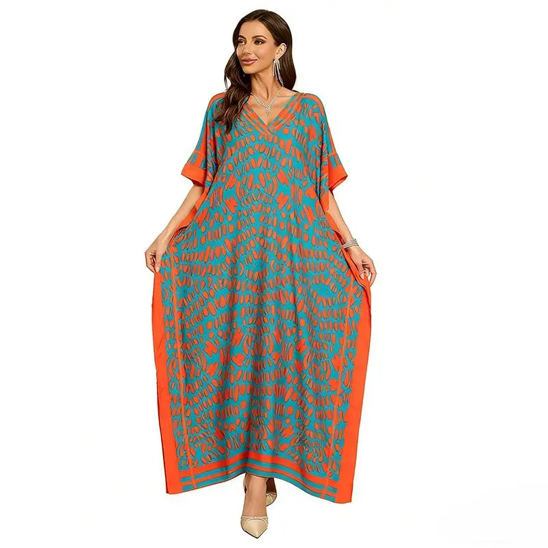 Plus Size Mumu Dresses for Women - Boho Batwing Sleeve Caftan with Side  Slits, Long Moo Moo Nightgown & Beach Cover Up - Cyan Orange - TikTok Shop