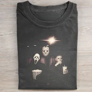 Vintage Ghostface, Michael Myers and Jason Voorhees Watching Movie in Theater Graphic Tee - Scream, Halloween and the Friday the 13th Movie Shirt - Horror Characters Tee - Iconic Villains From Horror Films - Spooky Season - Trick or Treat - Fall Season