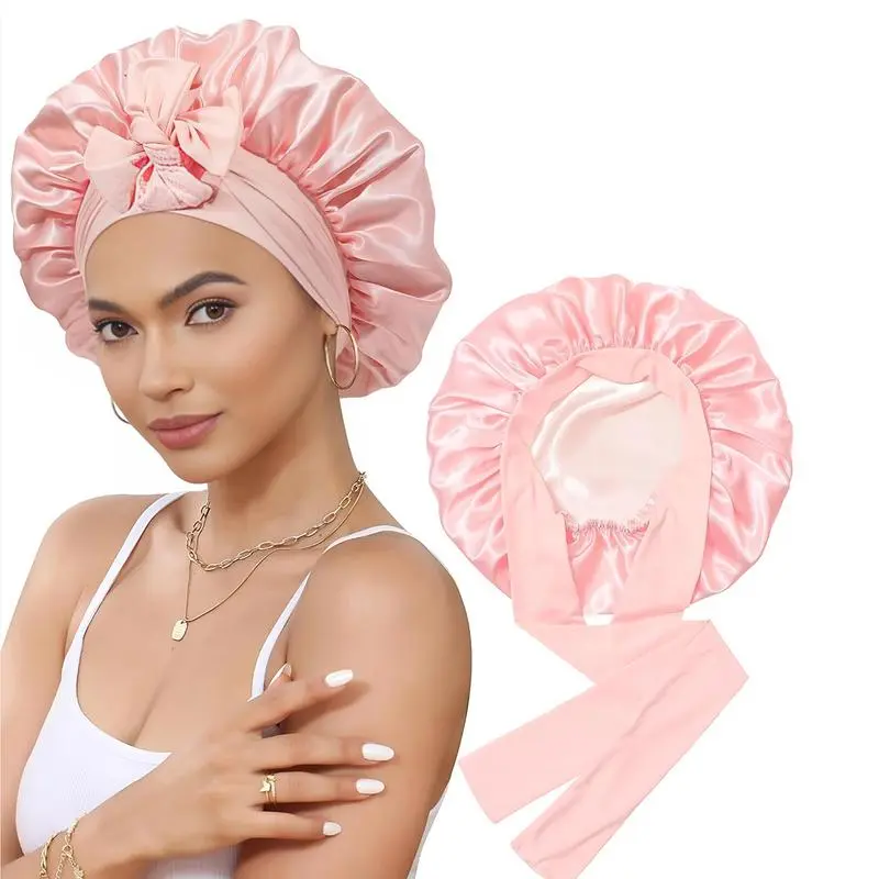Women's Silk Bonnet Set Pack - Soft Stretch Drawstring Hair Net Sleeping Cap, Breathable Silk Haircare Accessory for Adults' Curly/Braided Hairstyles, Comfortable Bathroom Shower Cap That Keeps Hair Tidy