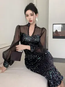 Elegant Women's Mesh Patchwork Dress, Party Gown Style, Formal Evening Wear, Ladies Fashion Clothing for Special Occasions