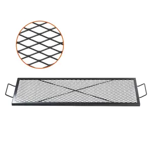 fathersdaygift VEVOR X-Marks Fire Pit Grill Grate, Rectangle Cooking Grate, Heavy Duty Steel Campfire BBQ Grill Grid with Handle Support X Wire, Portable Camping Cookware for Outside Party Gathering, 44 Inch Black