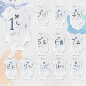Baby 1-12 Month Milestone Baby Bodysuit Newborn Monthly Milestones Romper Babygrow Clothes Unisex Infant Short Sleeve Jumpsuit