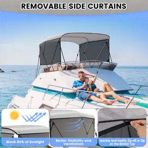 OP- Boat Covers，Versatile 3 Bow Bimini Tops With Mesh Sidewalls,With Adjustable  Support Poles, Boat Shades Canopy, 2 Straps, 2 Rear Support Poles, 1 Inch Aluminum Frame