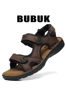 BUBUK Men's Genuine Leather Sandals, Adjustable Sandals, Sporty Casual Water Shoes, Full Grain Cowhide with Velcro Closure, Breathable Outdoor Beach Shoes