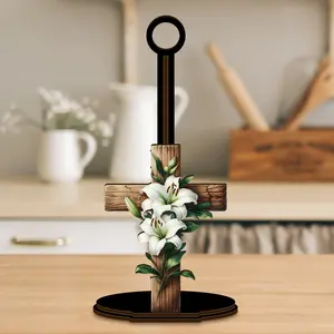 Easter Kitchen Paper Towel Holder with Cross and Lily Pattern, Vintage Wooden Stand, No Roll Included, for Kitchen Living Room Dining Garden Party Table Decor