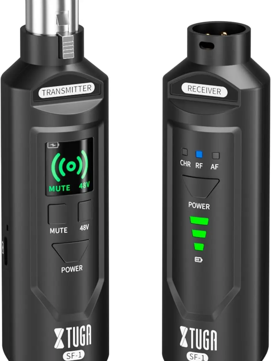 XTUGA 2.4GHz Wireless XLR Transmitter & Receiver, Wireless Microphone Adapter System for Dynamic/Condenser Mics w/ 48V Phantom Power fit for Live Show,Audio Mixer,PA Systems,Studio,Church (SF-1) Long Range Rechargeable Handheld Radio