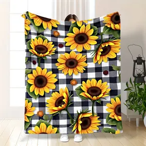 1Pc Heavyweight Flannel Blanket - Thick All-Season Soft Cozy Throw Suitable For Bed, Couch, Camping |   Large Yellow- Sunflower Pattern With Black/White Border |   Bedspread, Sofa Throw, Pet Blanket |   Machine Washable Gift For &