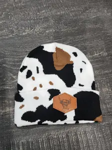 Cow Print Yak Beanie Sock Cap Black White Brown Winter Hat